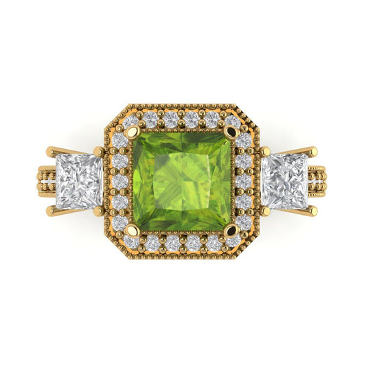3.005 cttw Natural Peridot Three-Stone Engagement Ring - Solid Yellow Gold (VVS1, Princess Cut,7.0mm)
