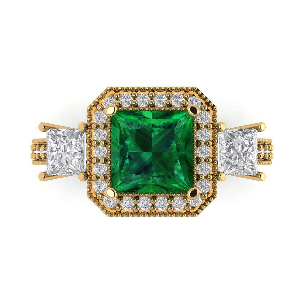 3.005 cttw Simulated Emerald Three-Stone Engagement Ring - Solid Gold (Princess Cut,7.0mm)