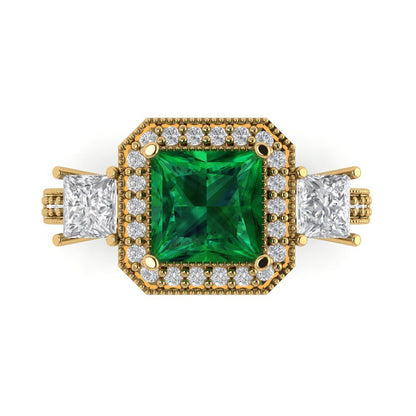 3.005 cttw Simulated Emerald Three-Stone Engagement Ring - Solid Gold (Princess Cut,7.0mm)