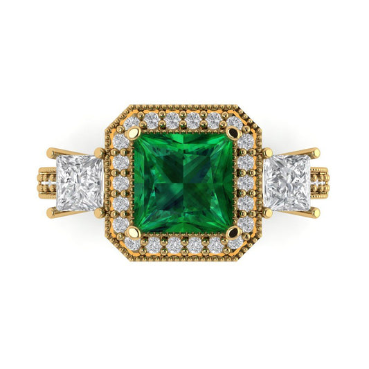 3.005 cttw Simulated Emerald Three-Stone Engagement Ring - Solid Yellow Gold (VVS1, Princess Cut,7.0mm)