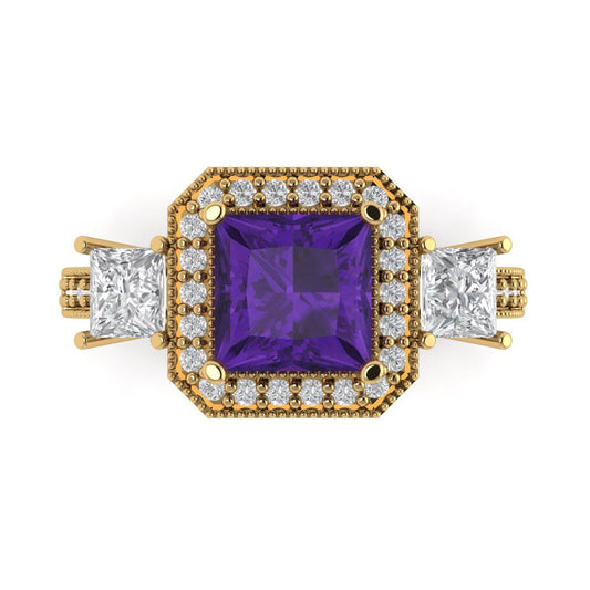 3.005 cttw Natural Amethyst Three-Stone Engagement Ring - Solid Yellow Gold (VVS1, Princess Cut,7.0mm)