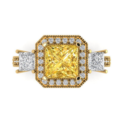 3.005 cttw Natural Citrine Three-Stone Engagement Ring - Solid Yellow Gold (VVS1, Princess Cut,7.0mm)