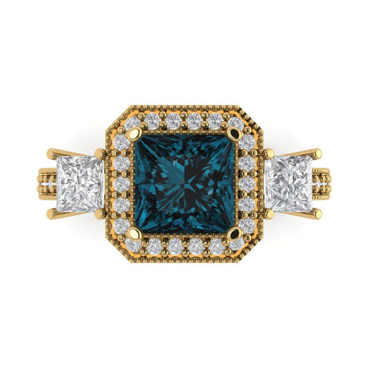 3.005 cttw Natural London Blue Topaz Three-Stone Engagement Ring - Solid Yellow Gold (VVS1, Princess Cut,7.0mm)