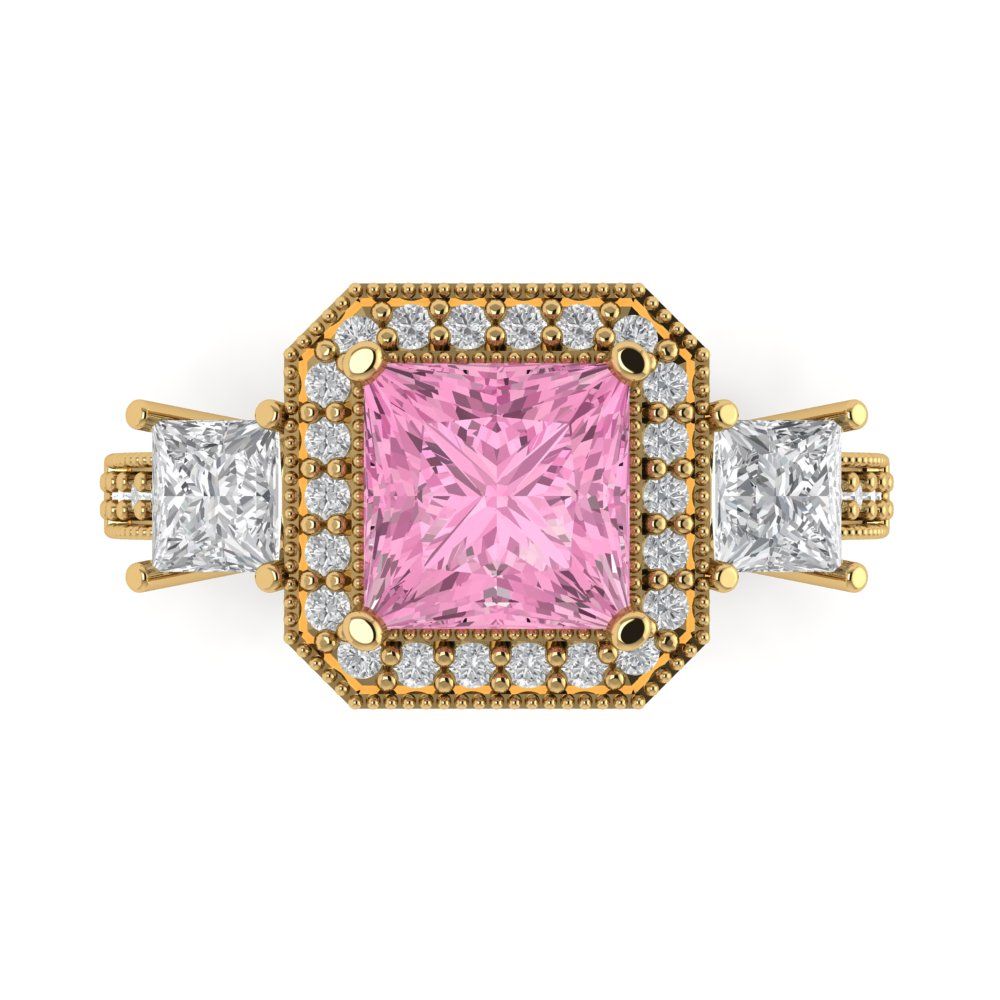 3.005 cttw Zirconia Simulated Pink Diamond Three-Stone Engagement Ring - Solid Gold (VVS1, Princess Cut,7.0mm)