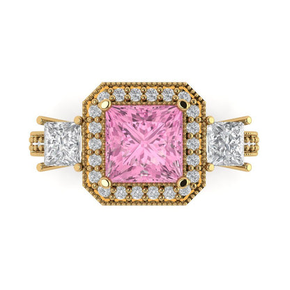 3.005 cttw Zirconia Simulated Pink Diamond Three-Stone Engagement Ring - Solid Gold (VVS1, Princess Cut,7.0mm)