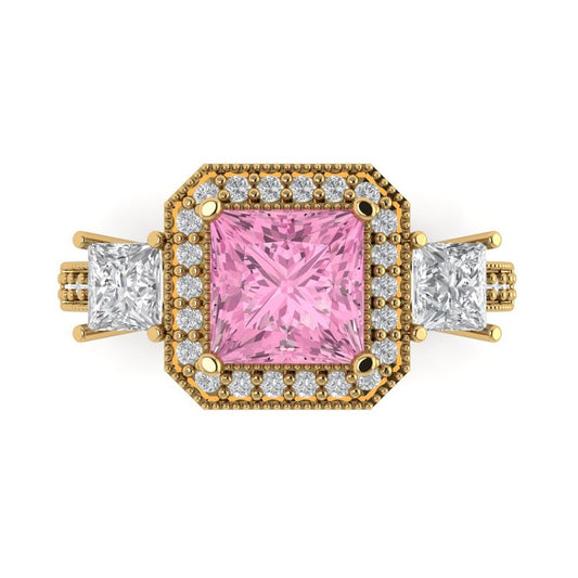 3.005 cttw Zirconia Simulated Pink Diamond Three-Stone Engagement Ring - Solid Yellow Gold (VVS1, Princess Cut,7.0mm)
