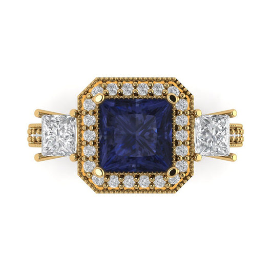 3.005 cttw Simulated Blue Sapphire Three-Stone Engagement Ring - Solid Yellow Gold (VVS1, Princess Cut,7.0mm)