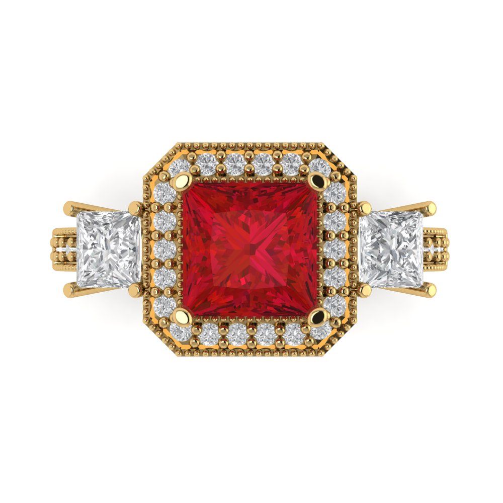 3.005 cttw Simulated Ruby Three-Stone Engagement Ring - Solid Yellow Gold (VVS1, Princess Cut,7.0mm)