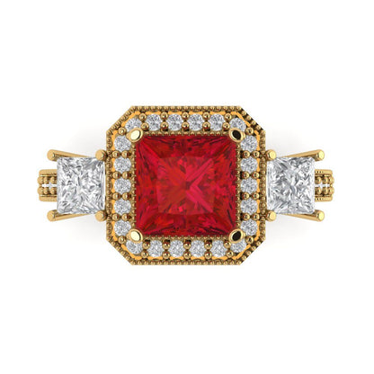 3.005 cttw Simulated Ruby Three-Stone Engagement Ring - Solid Yellow Gold (VVS1, Princess Cut,7.0mm)