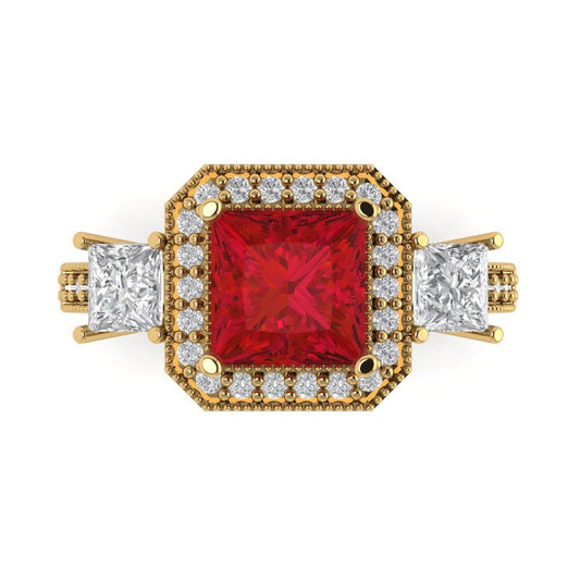 3.005 cttw Simulated Ruby Three-Stone Engagement Ring - Solid Yellow Gold (VVS1, Princess Cut,7.0mm)