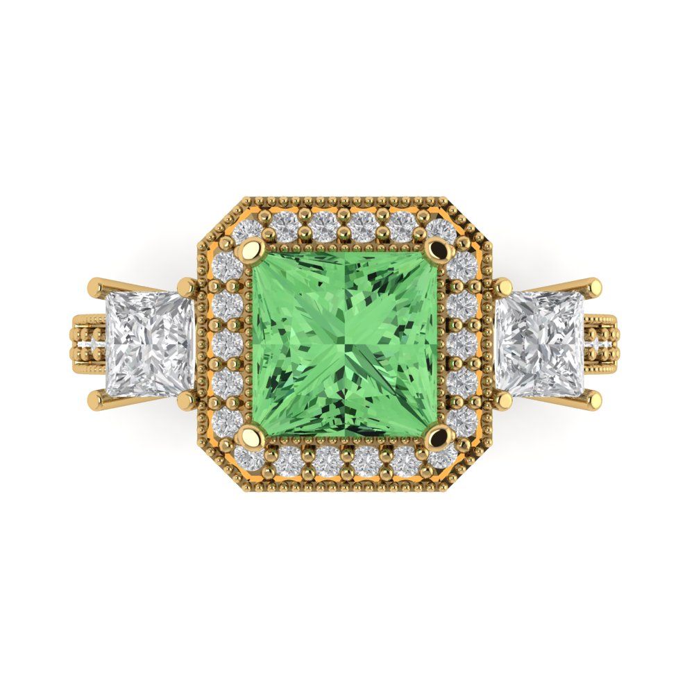 3.005 cttw Zirconia Simulated Green Diamond Three-Stone Engagement Ring - Solid Gold (VVS1, Princess Cut,7.0mm)