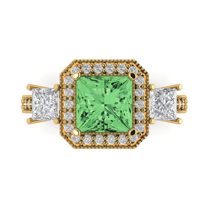3.005 cttw Zirconia Simulated Green Diamond Three-Stone Engagement Ring - Solid Gold (VVS1, Princess Cut,7.0mm)