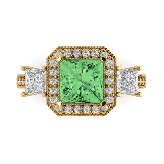 3.005 cttw Zirconia Simulated Green Diamond Three-Stone Engagement Ring - Solid Yellow Gold (VVS1, Princess Cut,7.0mm)