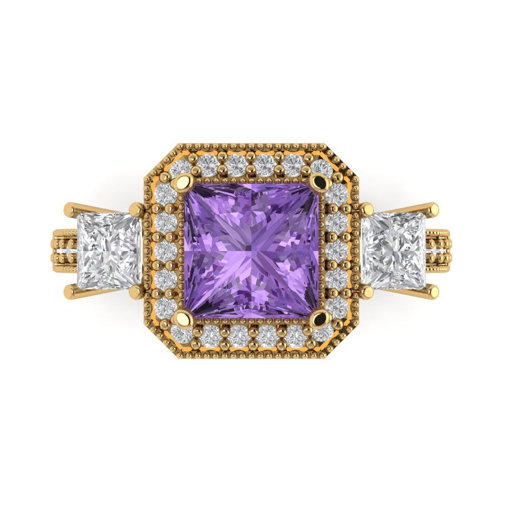 3.005 cttw Simulated Alexandrite Three-Stone Engagement Ring - Solid Gold (Princess Cut,7.0mm)