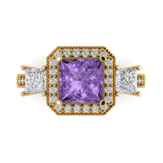 3.005 cttw Simulated Alexandrite Three-Stone Engagement Ring - Solid Yellow Gold (VVS1, Princess Cut,7.0mm)