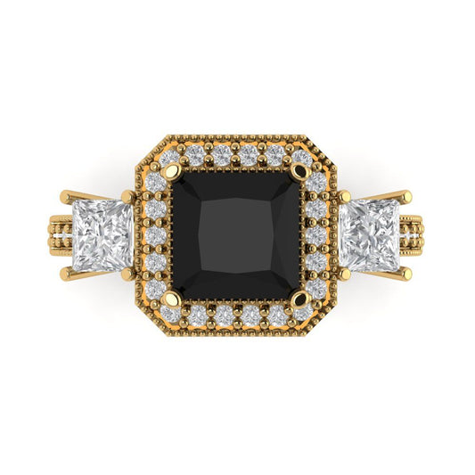 3.005 cttw Natural Onyx Three-Stone Engagement Ring - Solid Yellow Gold (VVS1, Princess Cut,7.0mm)