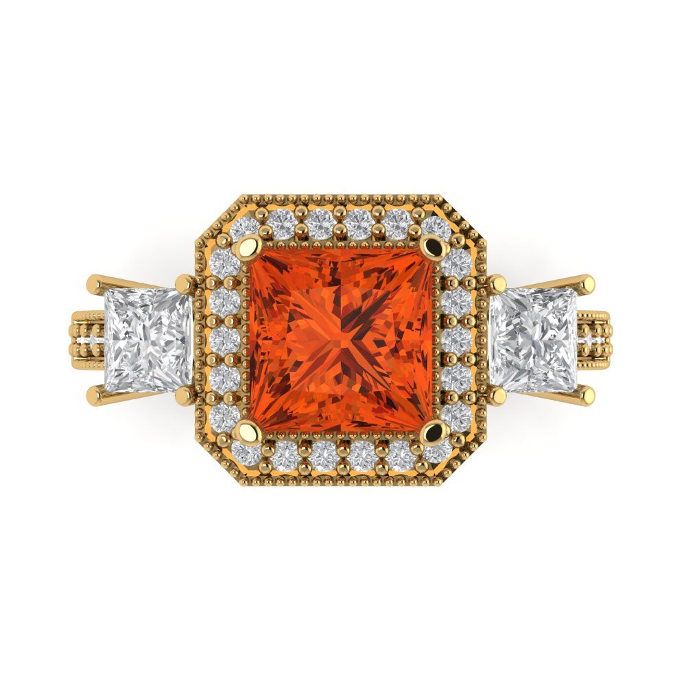 3.005 cttw Zirconia Simulated Red Diamond Three-Stone Engagement Ring - Solid Gold (VVS1, Princess Cut,7.0mm)