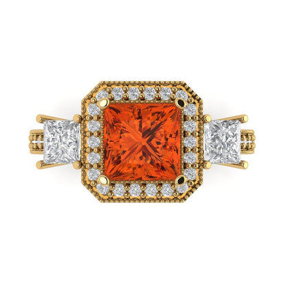 3.005 cttw Zirconia Simulated Red Diamond Three-Stone Engagement Ring - Solid Gold (VVS1, Princess Cut,7.0mm)