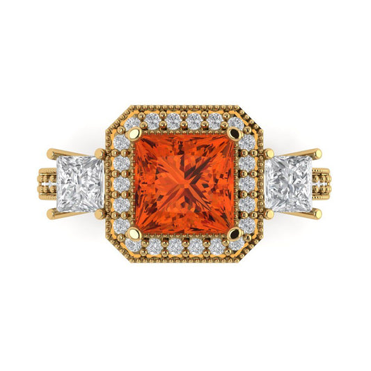 3.005 cttw Zirconia Simulated Red Diamond Three-Stone Engagement Ring - Solid Yellow Gold (VVS1, Princess Cut,7.0mm)