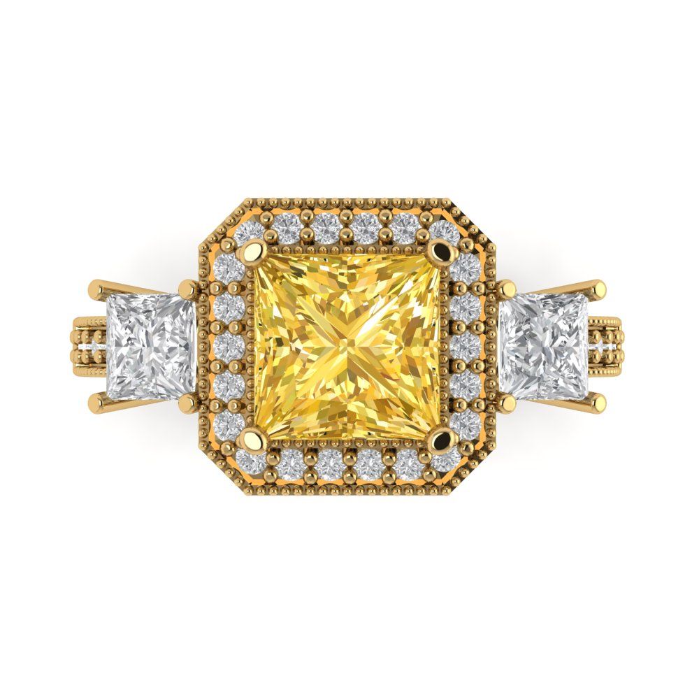 3.005 cttw Zirconia Simulated Yellow Diamond Three-Stone Engagement Ring - Solid Gold (VVS1, Princess Cut,7.0mm)