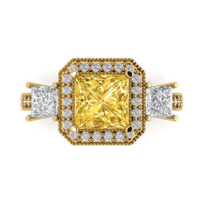 3.005 cttw Zirconia Simulated Yellow Diamond Three-Stone Engagement Ring - Solid Gold (VVS1, Princess Cut,7.0mm)