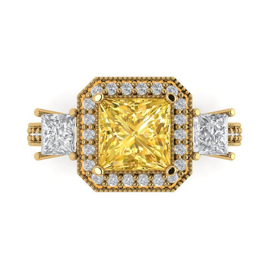 3.005 cttw Zirconia Simulated Yellow Diamond Three-Stone Engagement Ring - Solid Yellow Gold (VVS1, Princess Cut,7.0mm)