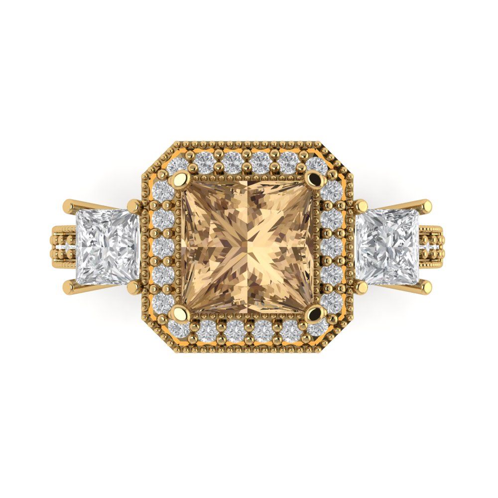 3.005 cttw Zirconia Simulated Champagne Diamond Three-Stone Engagement Ring - Solid Gold (VVS1, Princess Cut,7.0mm)