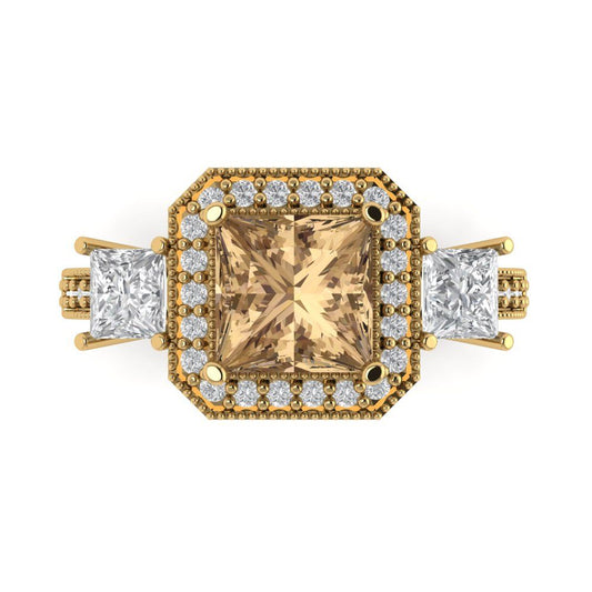 3.005 cttw Zirconia Simulated Champagne Diamond Three-Stone Engagement Ring - Solid Yellow Gold (VVS1, Princess Cut,7.0mm)