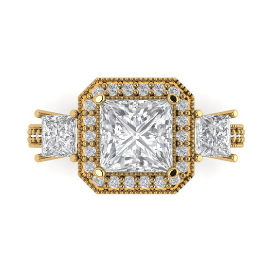 3.005 cttw Moissanite Three-Stone Engagement Ring - Solid Yellow Gold (VVS1, Princess Cut,7.0mm)