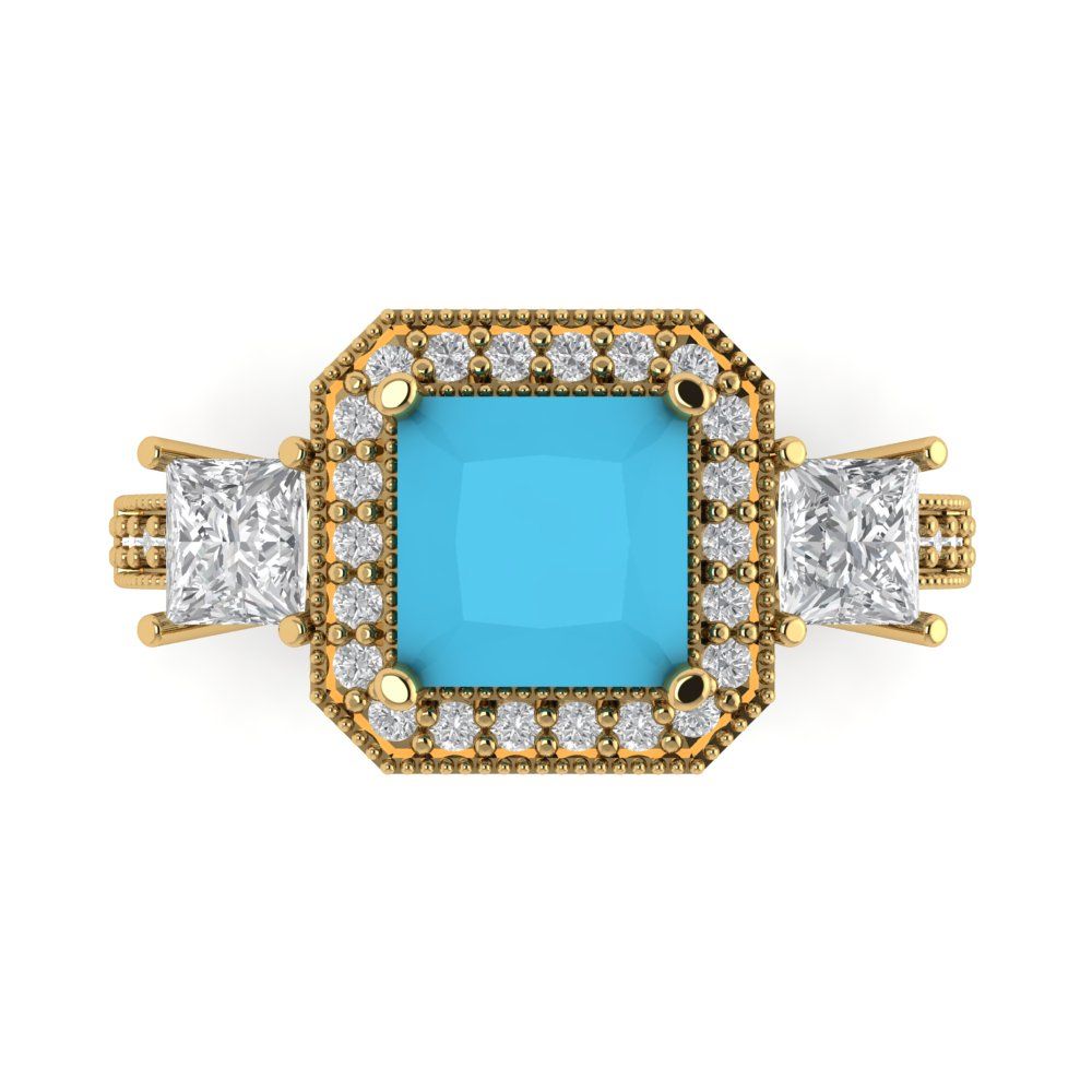 3.005 cttw Simulated Turquoise Three-Stone Engagement Ring - Solid Gold (Princess Cut,7.0mm)