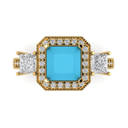 3.005 cttw Simulated Turquoise Three-Stone Engagement Ring - Solid Gold (Princess Cut,7.0mm)