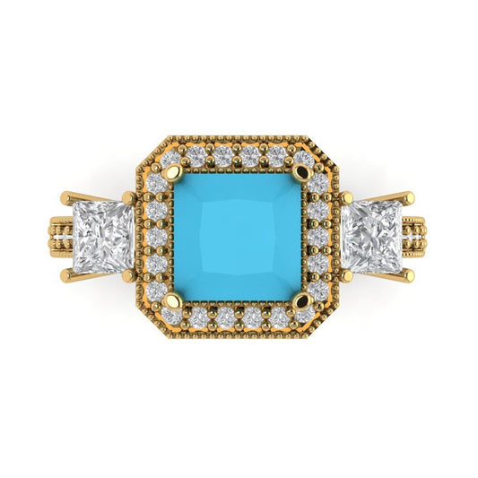 3.005 cttw Simulated Turquoise Three-Stone Engagement Ring - Solid Yellow Gold (VVS1, Princess Cut,7.0mm)