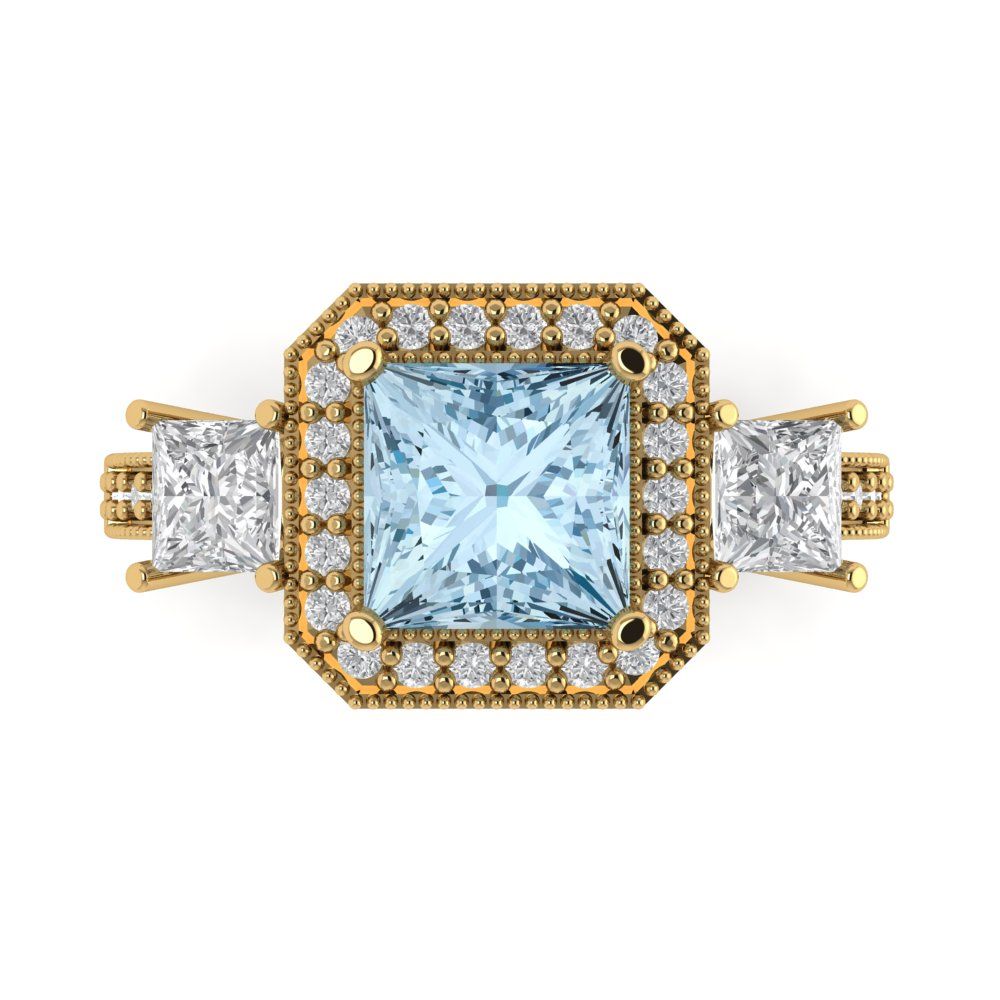 3.005 cttw Natural Aquamarine Three-Stone Engagement Ring - Solid Gold (Princess Cut,7.0mm)