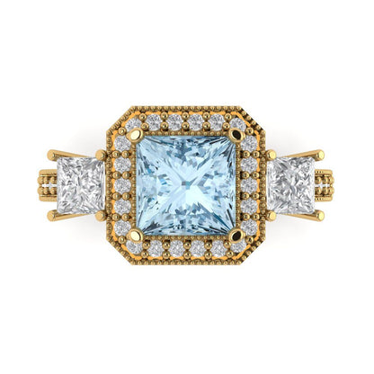3.005 cttw Natural Aquamarine Three-Stone Engagement Ring - Solid Gold (Princess Cut,7.0mm)