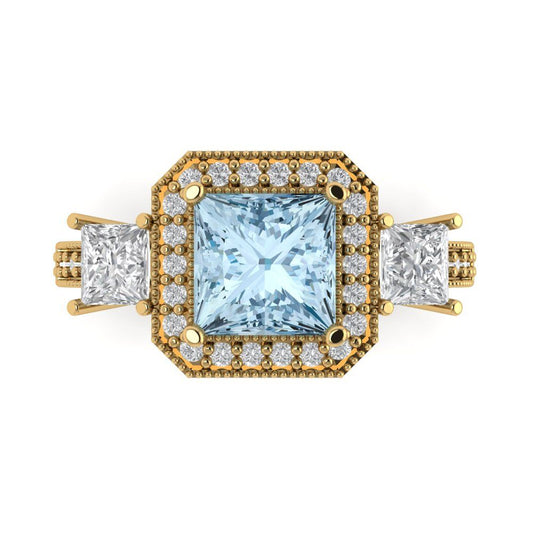 3.005 cttw Natural Aquamarine Three-Stone Engagement Ring - Solid Yellow Gold (VVS1, Princess Cut,7.0mm)