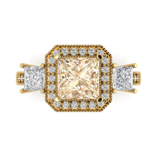 3.005 cttw Natural Morganite Three-Stone Engagement Ring - Solid Yellow Gold (VVS1, Princess Cut,7.0mm)