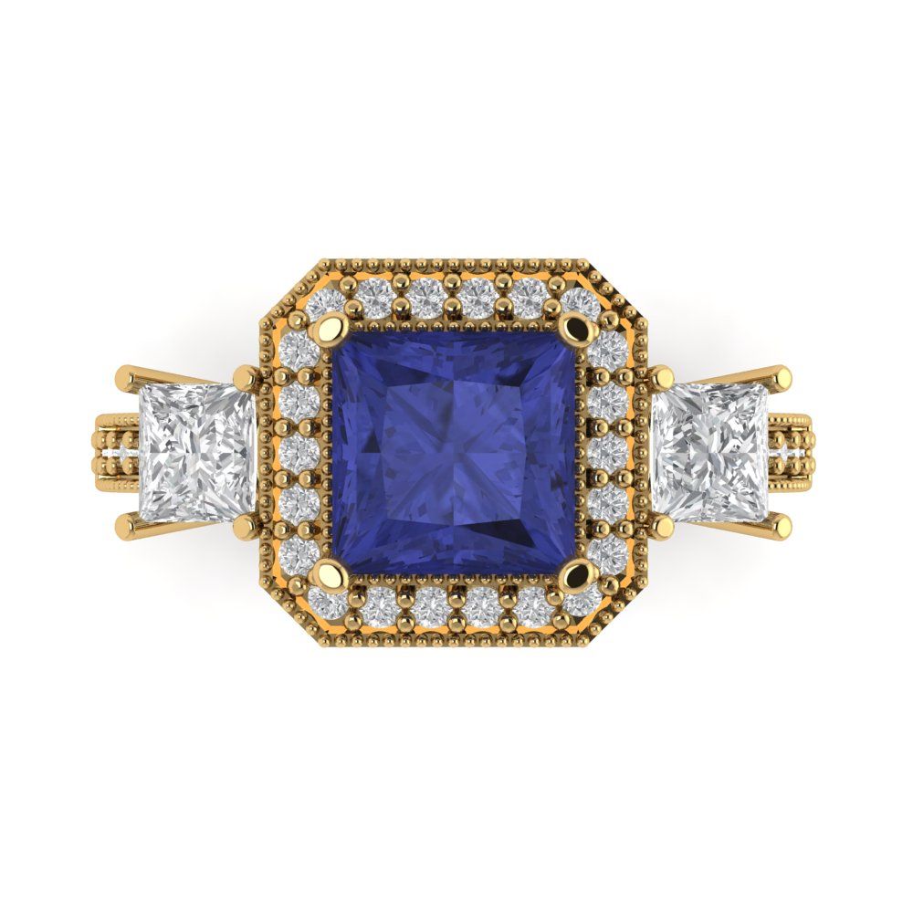 3.005 cttw Simulated Tanzanite Three-Stone Engagement Ring - Solid Gold (Princess Cut,7.0mm)