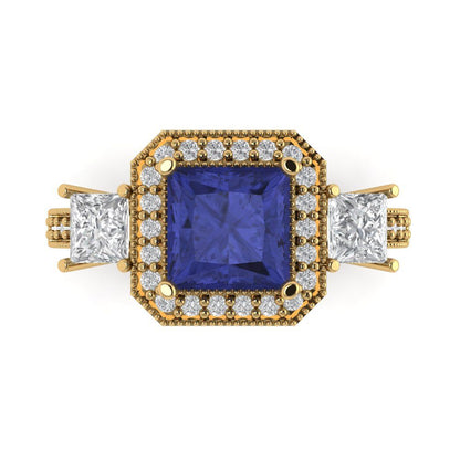 3.005 cttw Simulated Tanzanite Three-Stone Engagement Ring - Solid Gold (Princess Cut,7.0mm)