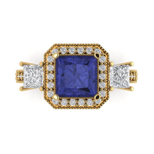 3.005 cttw Simulated Tanzanite Three-Stone Engagement Ring - Solid Yellow Gold (VVS1, Princess Cut,7.0mm)
