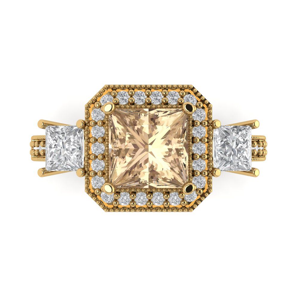 3.005 cttw Yellow Moissanite Three-Stone Engagement Ring - Solid Gold (Princess Cut,7.0mm)