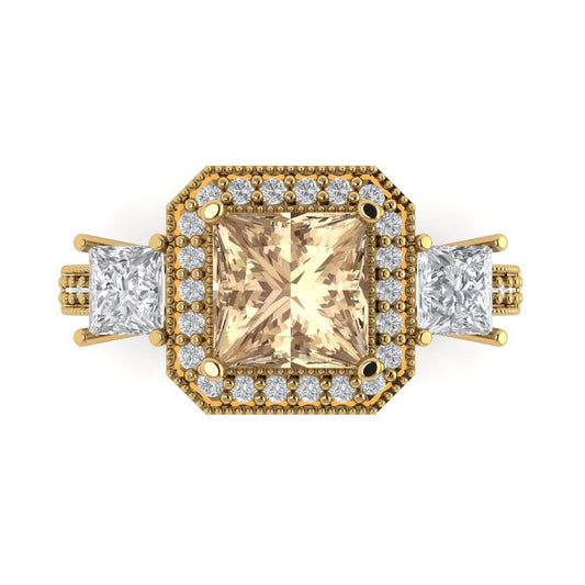 3.005 cttw Yellow Moissanite Three-Stone Engagement Ring - Solid Yellow Gold (VVS1, Princess Cut,7.0mm)