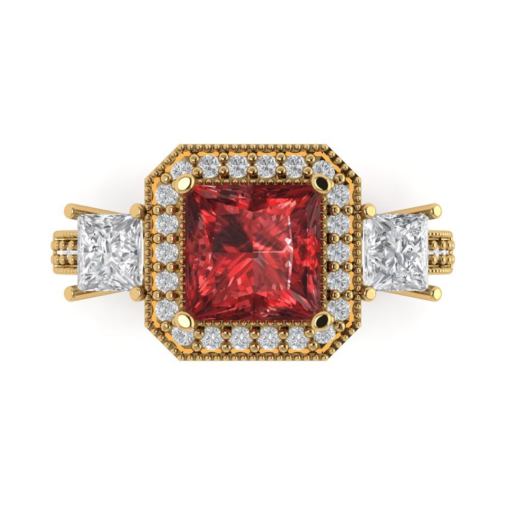 3.005 cttw Natural Garnet Three-Stone Engagement Ring - Solid Yellow Gold (VVS1, Princess Cut,7.0mm)