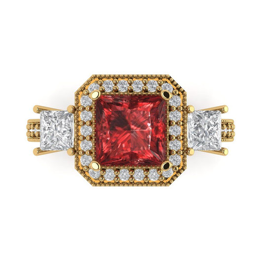3.005 cttw Natural Garnet Three-Stone Engagement Ring - Solid Yellow Gold (VVS1, Princess Cut,7.0mm)