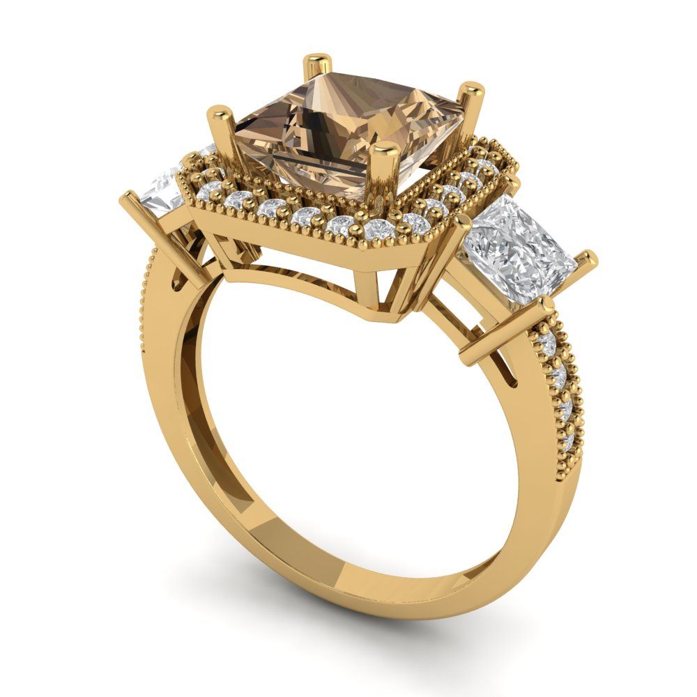 3.005 cttw Zirconia Simulated Champagne Diamond Three-Stone Engagement Ring - Solid Gold (VVS1, Princess Cut,7.0mm)