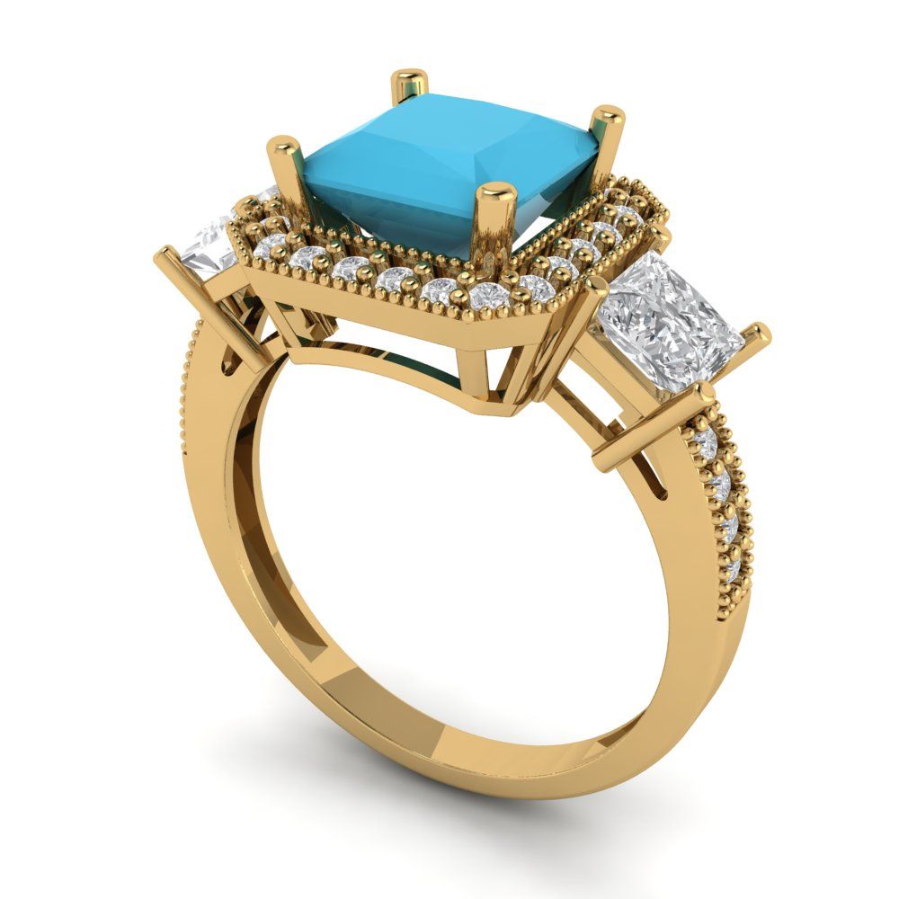 3.005 cttw Simulated Turquoise Three-Stone Engagement Ring - Solid Gold (Princess Cut,7.0mm)
