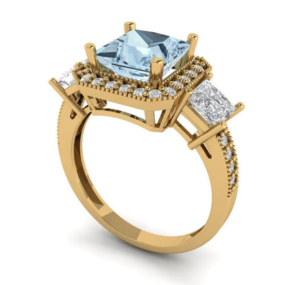 3.005 cttw Natural Aquamarine Three-Stone Engagement Ring - Solid Gold (Princess Cut,7.0mm)