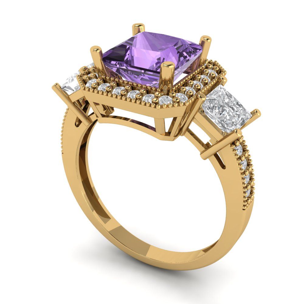 3.005 cttw Simulated Alexandrite Three-Stone Engagement Ring - Solid Gold (Princess Cut,7.0mm)