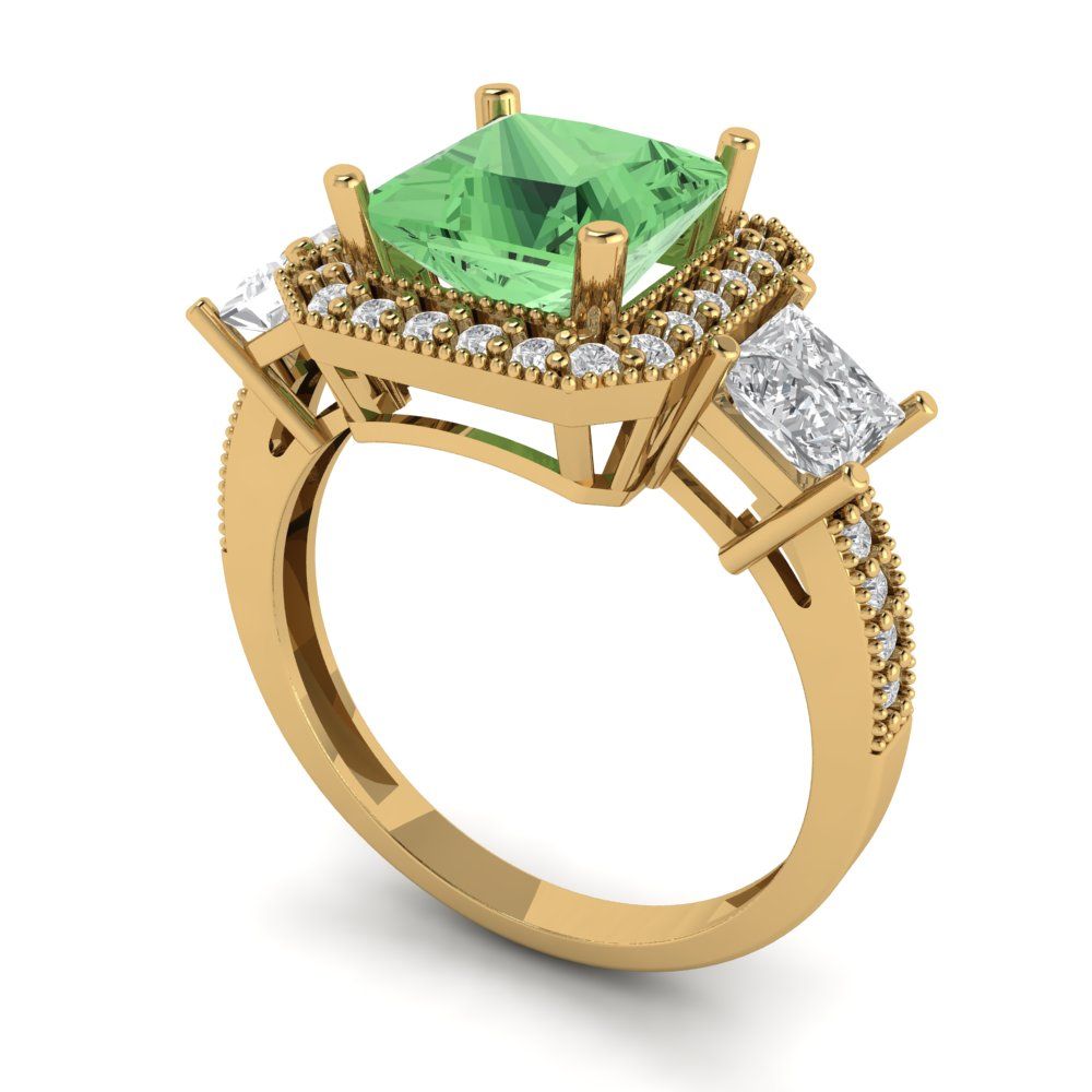 3.005 cttw Zirconia Simulated Green Diamond Three-Stone Engagement Ring - Solid Gold (VVS1, Princess Cut,7.0mm)