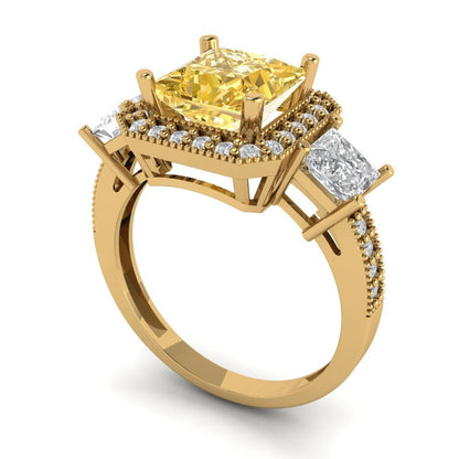 3.005 cttw Zirconia Simulated Yellow Diamond Three-Stone Engagement Ring - Solid Gold (VVS1, Princess Cut,7.0mm)
