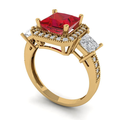 3.005 cttw Simulated Ruby Three-Stone Engagement Ring - Solid Yellow Gold (VVS1, Princess Cut,7.0mm)
